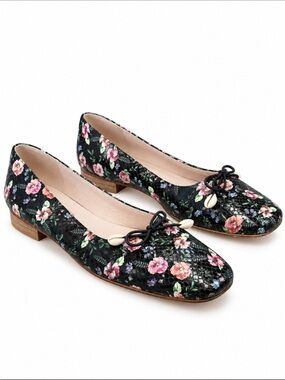 Leandra Medine Dark Floral Black Leather Ballet Flats with Bow